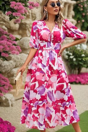 Vestido Maxi Estampado Floral con Cuello en V y Cintura Ajustable