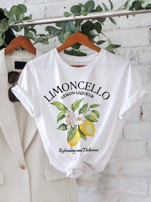 Camiseta Casual de Verano con Estampado de Frutas y Letras