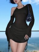 Vestido Asimétrico con Manga Acampanada y Cintura Alta