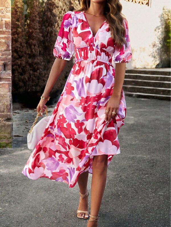 Vestido Maxi Estampado Floral con Cuello en V y Cintura Ajustable - Image 3