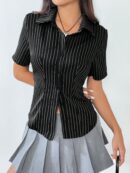 Camisa Rayada de Mujer con Botones y Manga Corta, Ajuste Slim