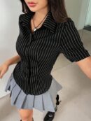 Camisa Rayada de Mujer con Botones y Manga Corta, Ajuste Slim