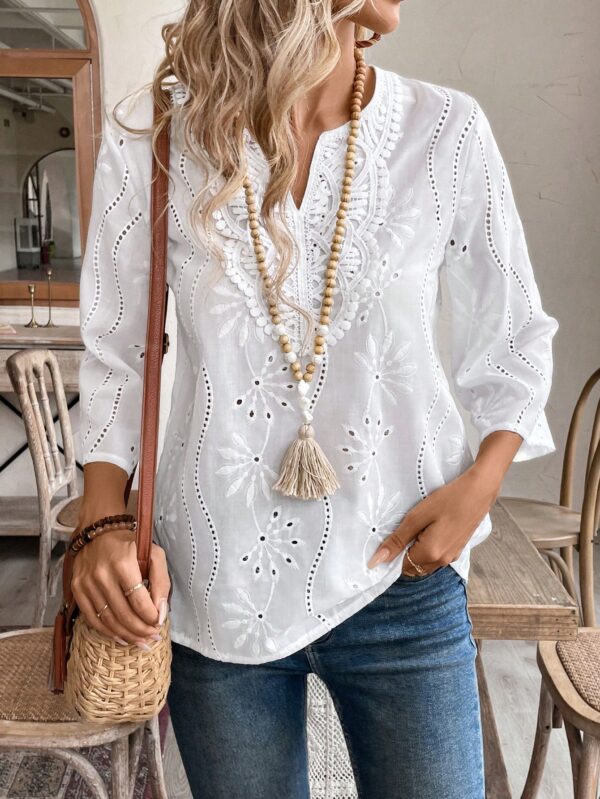 Blusa Casual de Manga Tres Cuartos en Color Sólido con Cuello V