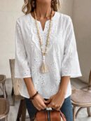 Blusa Casual de Manga Tres Cuartos en Color Sólido con Cuello V