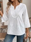 Blusa Casual de Manga Tres Cuartos en Color Sólido con Cuello V
