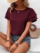 Camisa Casual de Verano con Mangas de Volantes en Color Sólido