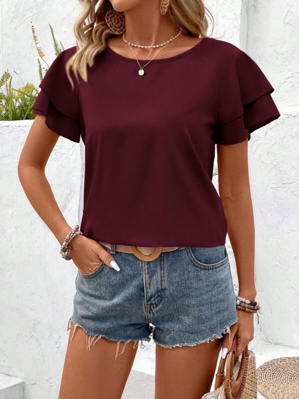 Camisa Casual de Verano con Mangas de Volantes en Color Sólido - Image 112