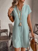 Vestido Mini Casual de Manga Corta con Botones Frontales