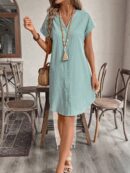 Vestido Mini Casual de Manga Corta con Botones Frontales