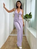 Set de Camisola Plisada y Pantalón Ancho de Textura Suave y Elegante