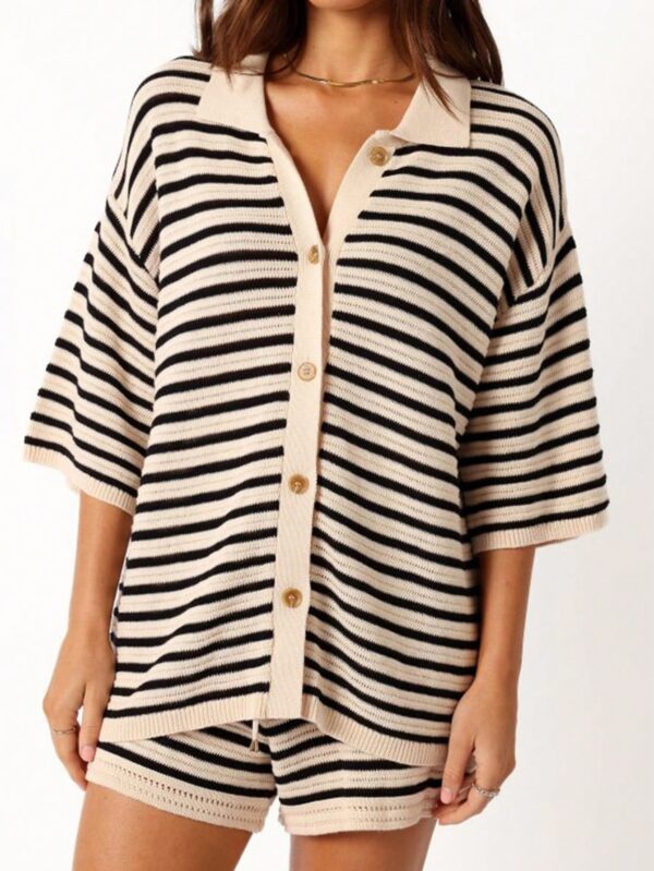 Set Casual de Camisa a Rayas y Shorts Sueltos - Image 2