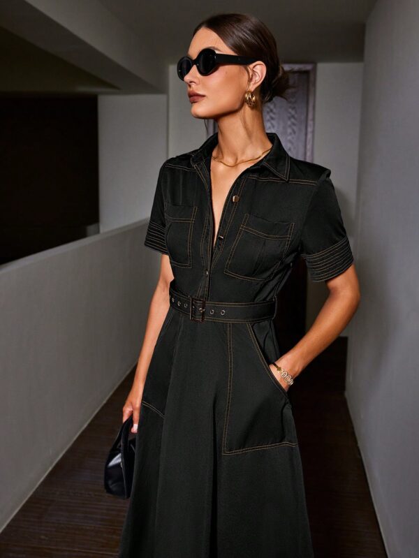 Vestido Camisero Casual Manga Corta con Cuello y Cinturón - Image 21