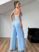 Set de Camisola Plisada y Pantalón Ancho de Textura Suave y Elegante
