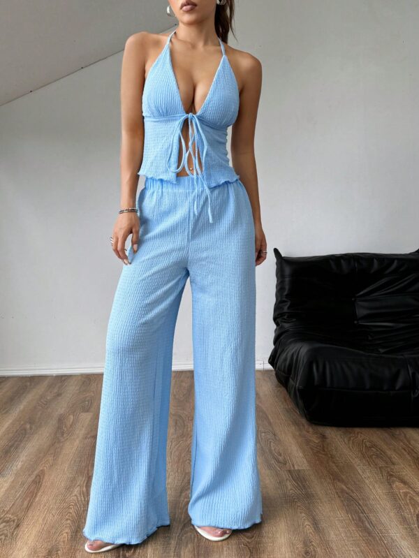 Set de Camisola Plisada y Pantalón Ancho de Textura Suave y Elegante - Image 3