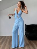 Set de Camisola Plisada y Pantalón Ancho de Textura Suave y Elegante
