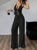 Set de Camisola Plisada y Pantalón Ancho de Textura Suave y Elegante