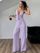 Set de Camisola Plisada y Pantalón Ancho de Textura Suave y Elegante