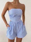 Set Casual 2 piezas: Top Bandeau a Rayas y Shorts con Bolsillo