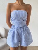 Set Casual 2 piezas: Top Bandeau a Rayas y Shorts con Bolsillo
