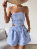 Set Casual 2 piezas: Top Bandeau a Rayas y Shorts con Bolsillo