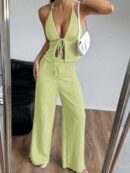 Set de Camisola Plisada y Pantalón Ancho de Textura Suave y Elegante