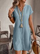 Vestido Mini Casual de Manga Corta con Botones Frontales
