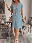 Vestido Mini Casual de Manga Corta con Botones Frontales