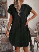 Vestido Mini Casual de Manga Corta con Botones Frontales