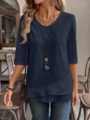 Camisa Casual Manga Larga con Estampado Floral y Cuello Redondo