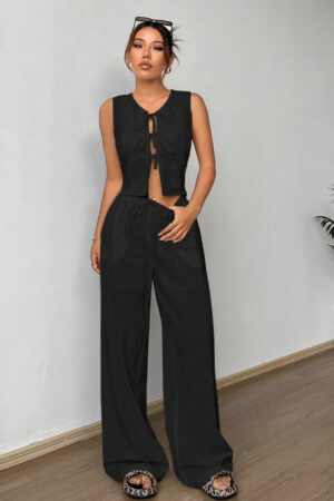 Conjunto de Chaleco con Lazo y Pantalón Recto Casual