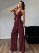 Set de Camisola Plisada y Pantalón Ancho de Textura Suave y Elegante