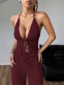 Set de Camisola Plisada y Pantalón Ancho de Textura Suave y Elegante