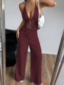 Set de Camisola Plisada y Pantalón Ancho de Textura Suave y Elegante