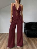 Set de Camisola Plisada y Pantalón Ancho de Textura Suave y Elegante
