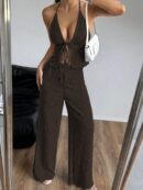 Set de Camisola Plisada y Pantalón Ancho de Textura Suave y Elegante