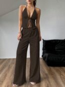Set de Camisola Plisada y Pantalón Ancho de Textura Suave y Elegante