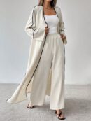 Conjunto de Abrigo Largo y Pantalones Anchos con Contraste