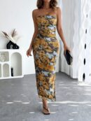 Vestido Strapless Tie Dye con Abertura Lateral y Ruched