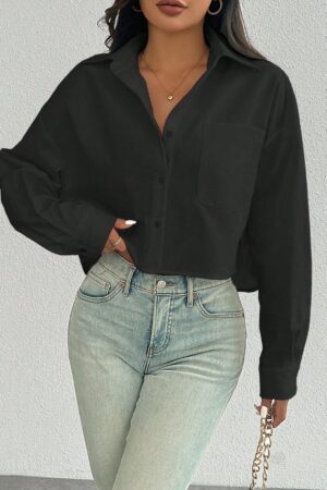 Camisa Casual Manga Larga con Bolsillo y Hombros Caídos