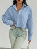 Camisa Casual Manga Larga con Bolsillo y Hombros Caídos