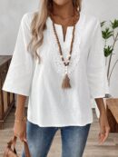 Blusa Casual de Manga Tres Cuartos en Color Sólido con Cuello V