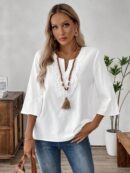 Blusa Casual de Manga Tres Cuartos en Color Sólido con Cuello V