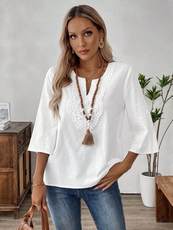 Blusa Casual de Manga Tres Cuartos en Color Sólido con Cuello V - Image 14
