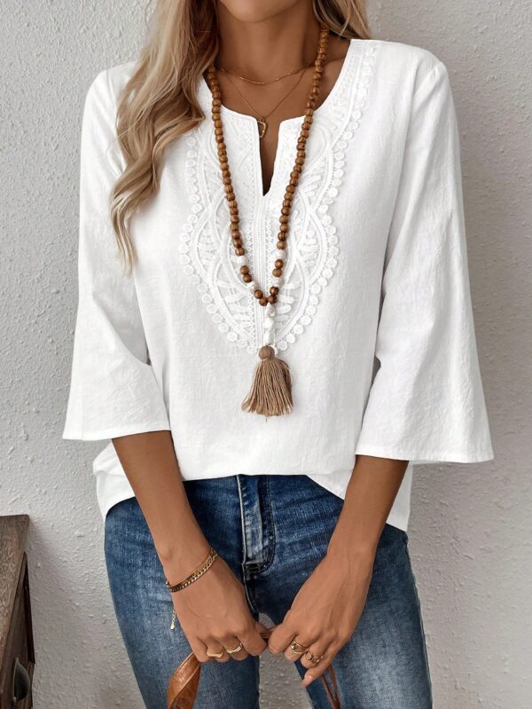 Blusa Casual de Manga Tres Cuartos en Color Sólido con Cuello V - Image 11