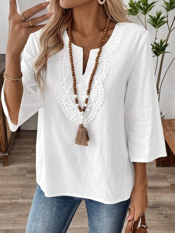 Blusa Casual de Manga Tres Cuartos en Color Sólido con Cuello V - Image 8