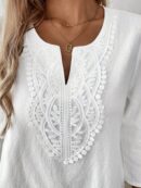 Blusa Casual de Manga Tres Cuartos en Color Sólido con Cuello V