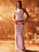 Set de Vestido Halter con Encaje Floral y Capas Plisadas en Gasa
