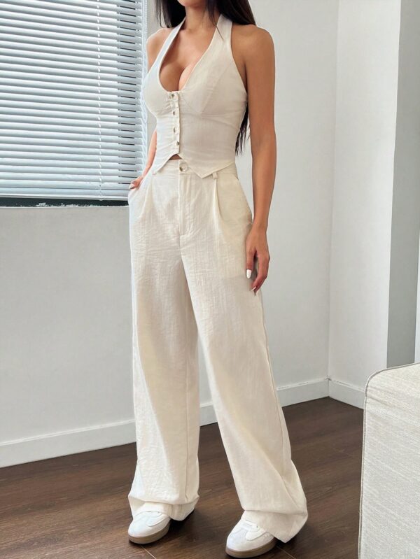Set de 2 Piezas Boho: Chaleco con Lazo al Cuello y Pantalón Recto - Image 12