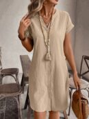 Vestido Mini Casual de Manga Corta con Botones Frontales