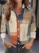 Camisa Retro Casual Manga Larga con Detalles de Botones y Estampado